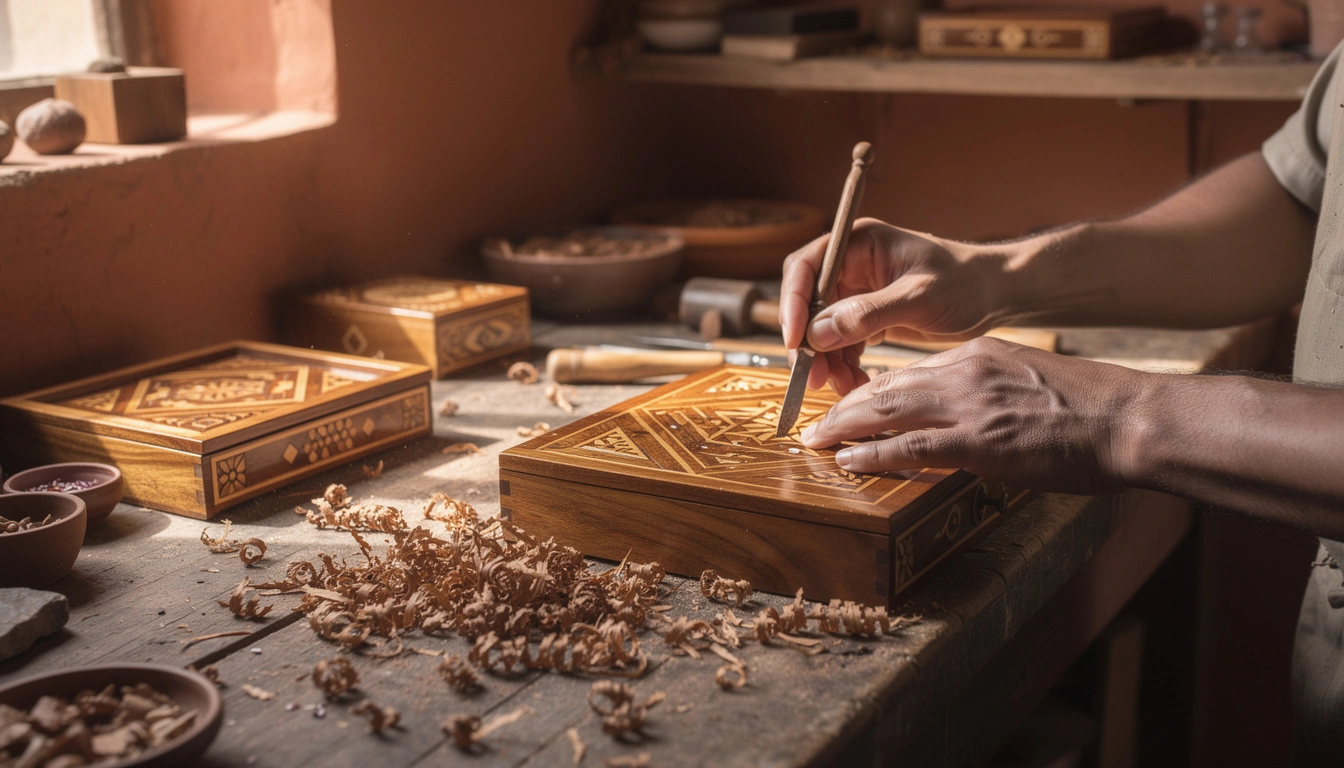 Artisan marocain sculptant le bois de thuya dans un atelier traditionnel d'Agadir