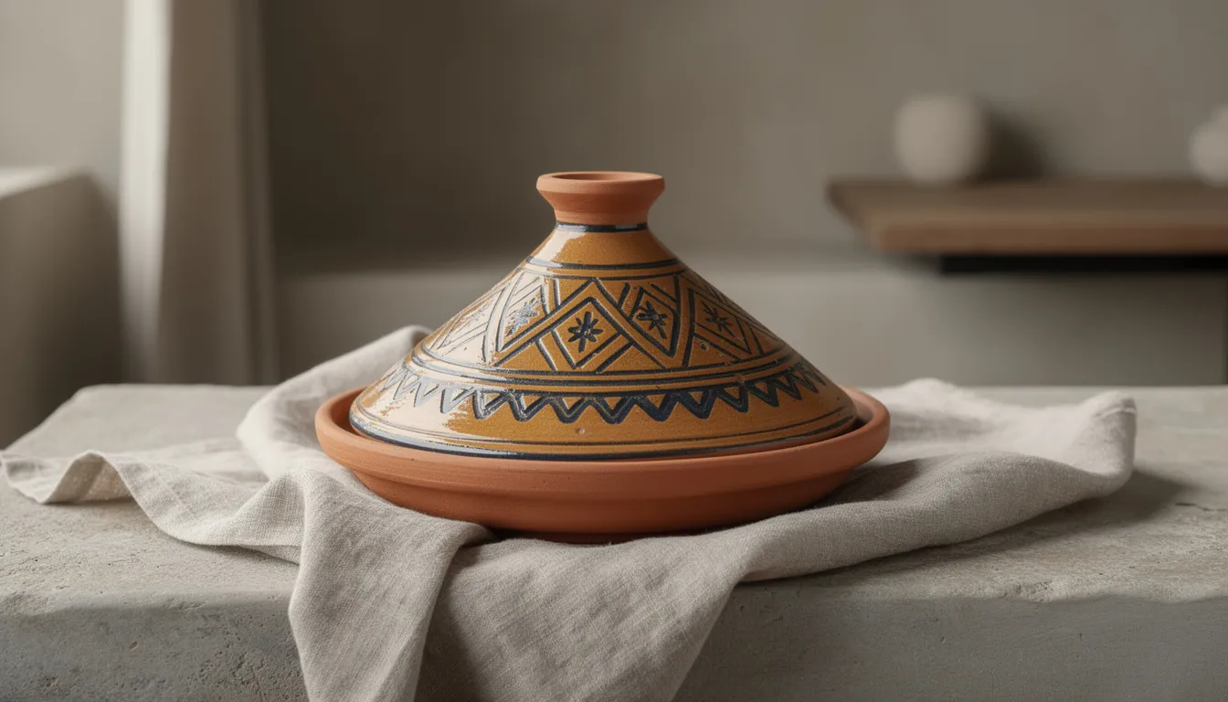 Tagine en céramique de Safi — motifs géométriques ocre et cobalt