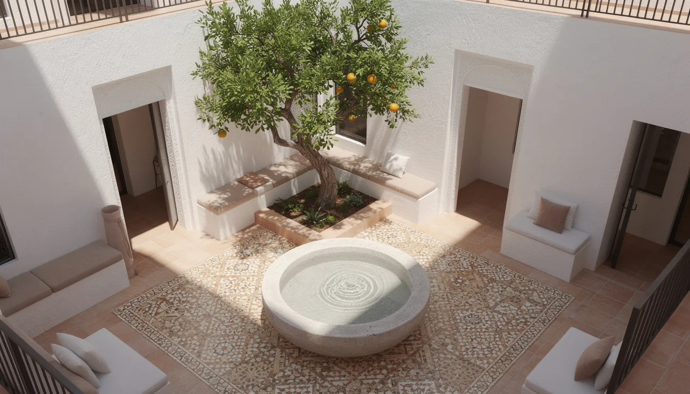 Cour intérieure de riad — fontaine, zellige et oranger
