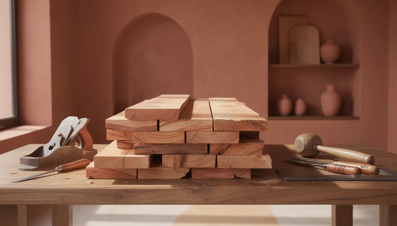 Planches brutes de cèdre du Moyen Atlas dans un atelier