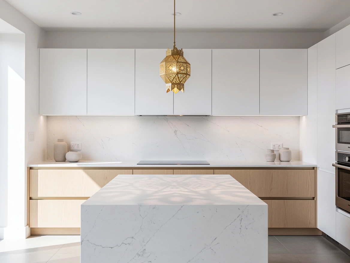 Suspension en laiton marocaine au-dessus d'îlot de cuisine moderne