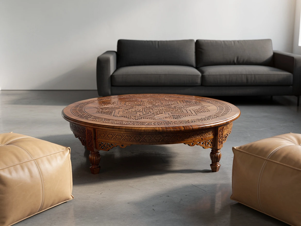Table basse en thuya sculpté avec marqueterie dans intérieur contemporain