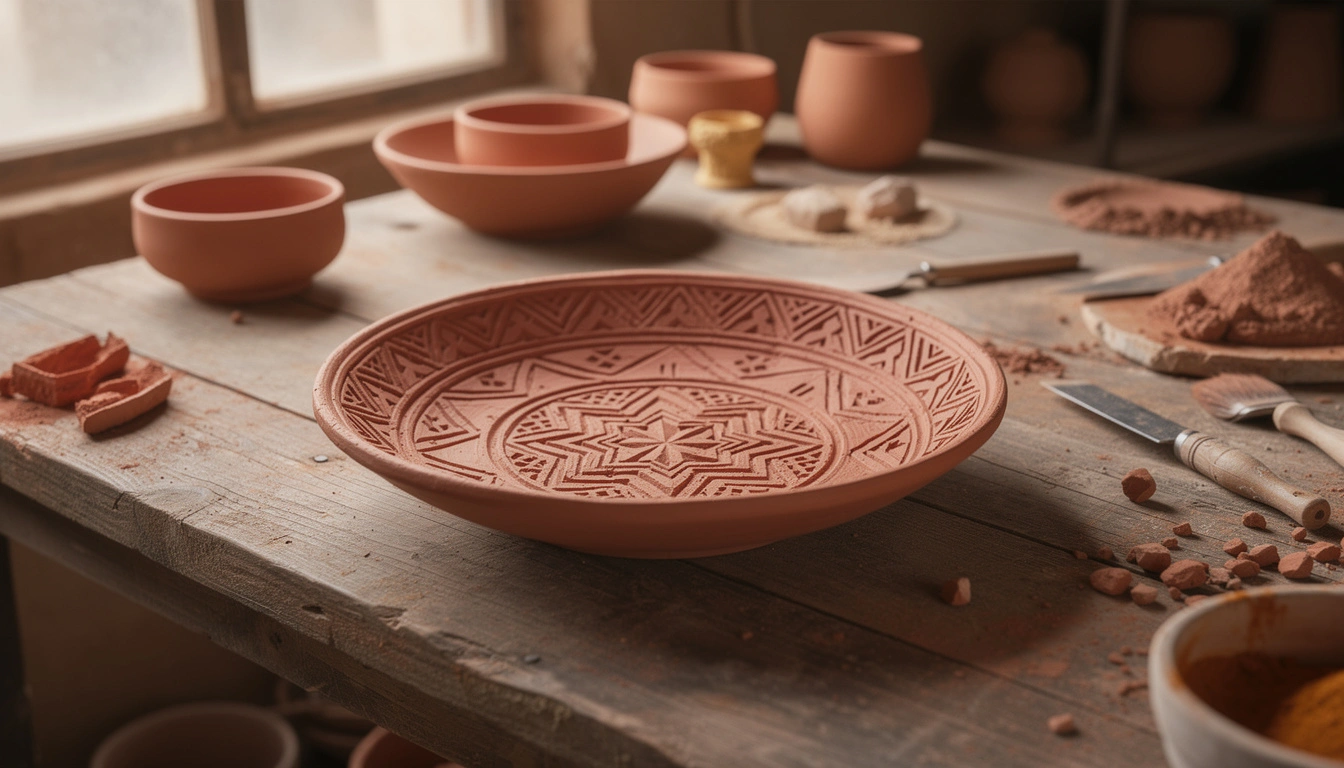 Poterie artisanale d'argile rouge à Asilah avec motifs géométriques berbères peints à la main