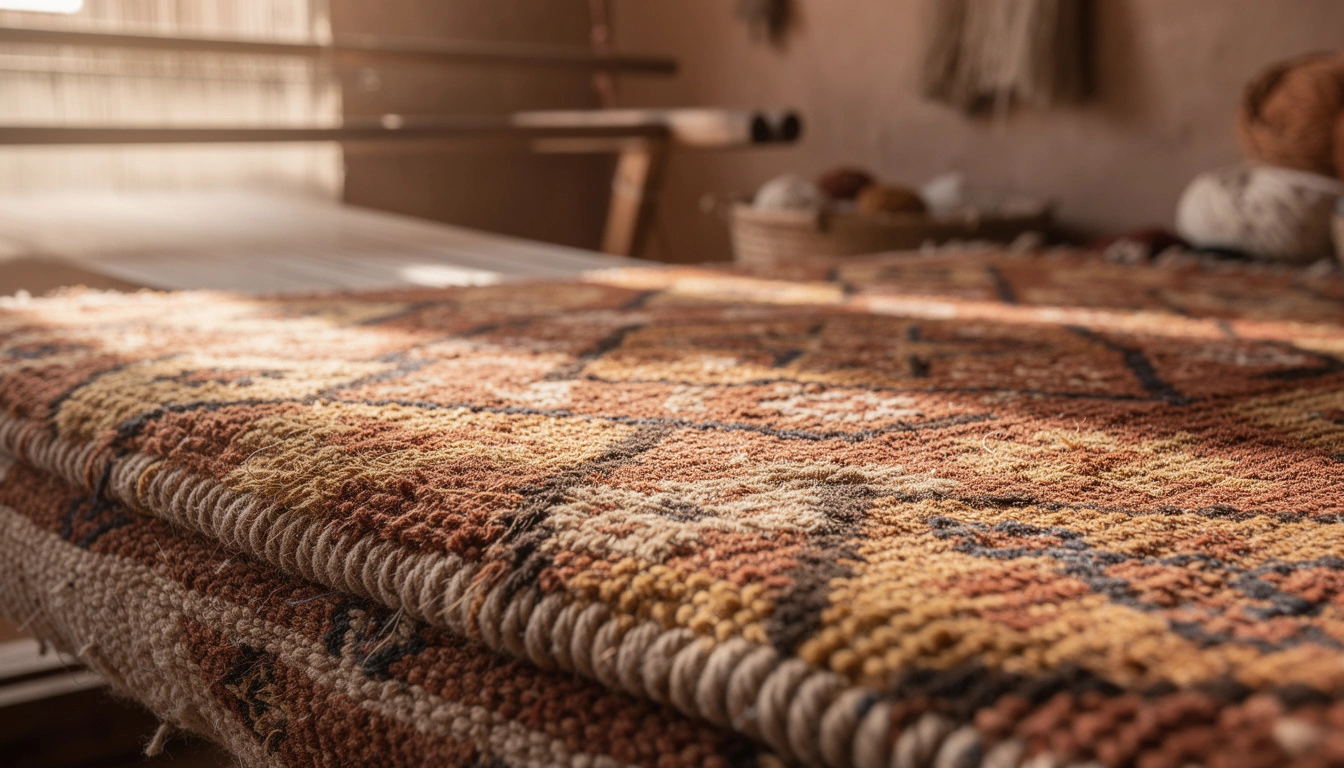 Gros plan sur un tapis tissé à la main à Asilah, avec motifs andalous et texture de laine