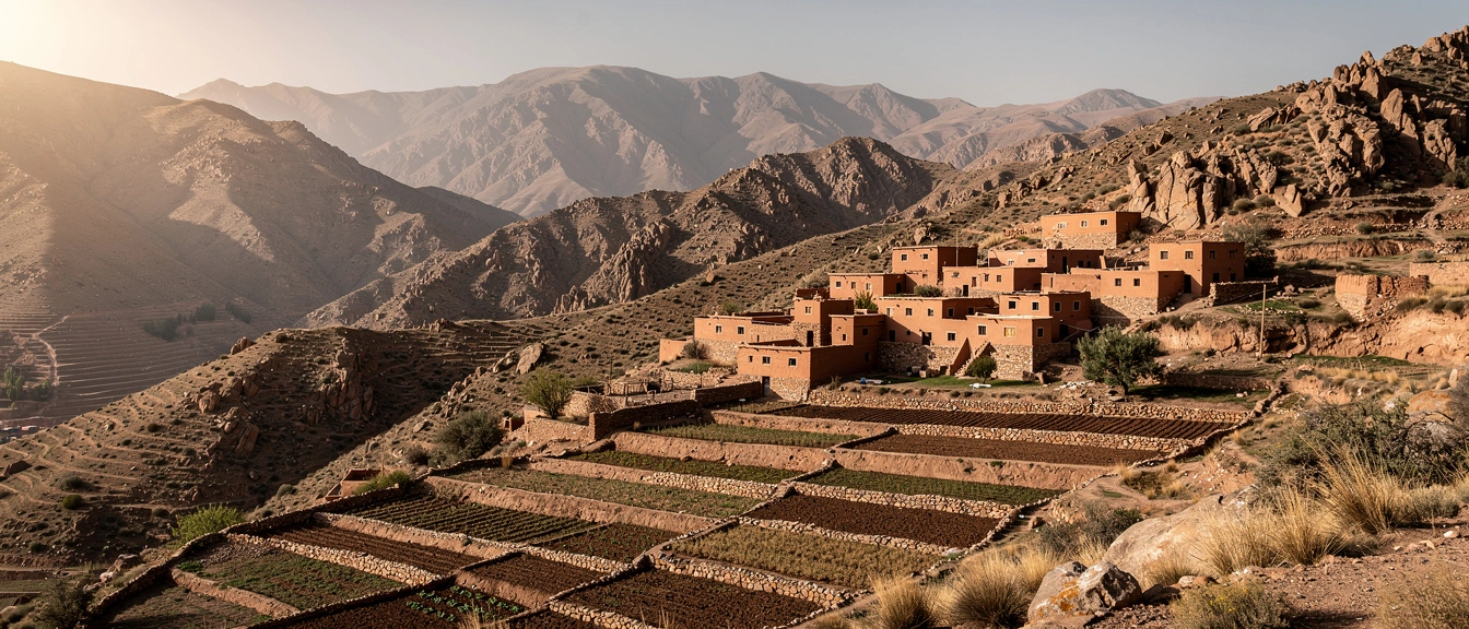 Vue panoramique du Haut Atlas pres d Azilal avec village berbere en pise sur les pentes