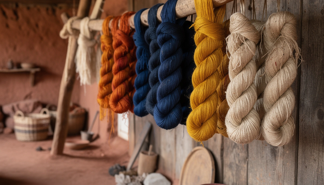 Écheveaux de laine teints naturellement dans un atelier berbère d'Azilal