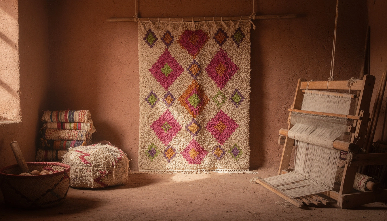 Tapis Azilal aux motifs géométriques asymétriques et couleurs vives sur fond de laine écrue