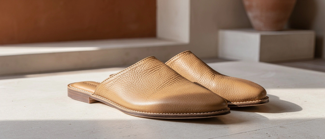 Paire de babouches marocaines traditionnelles en cuir naturel beige vue trois quarts