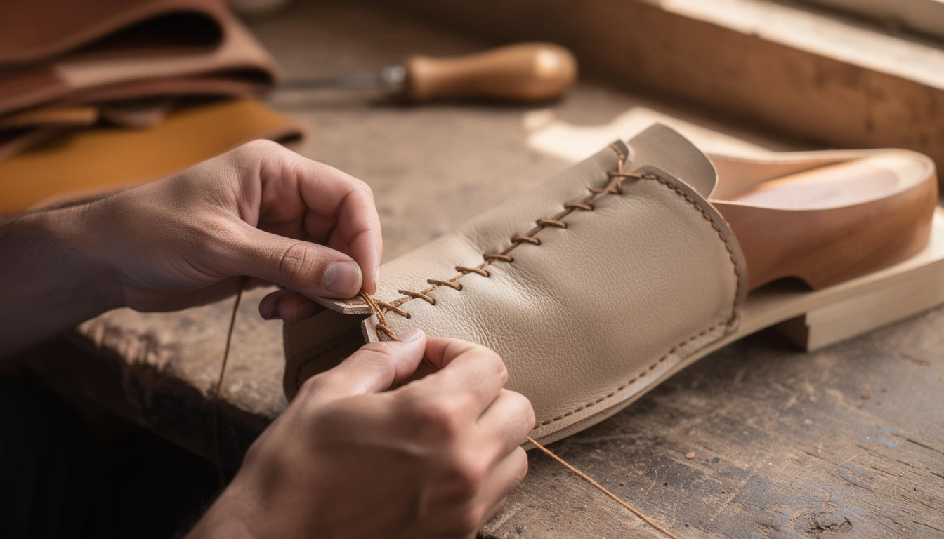 Gros plan sur les mains d un artisan marocain cousant une babouche en cuir à la main