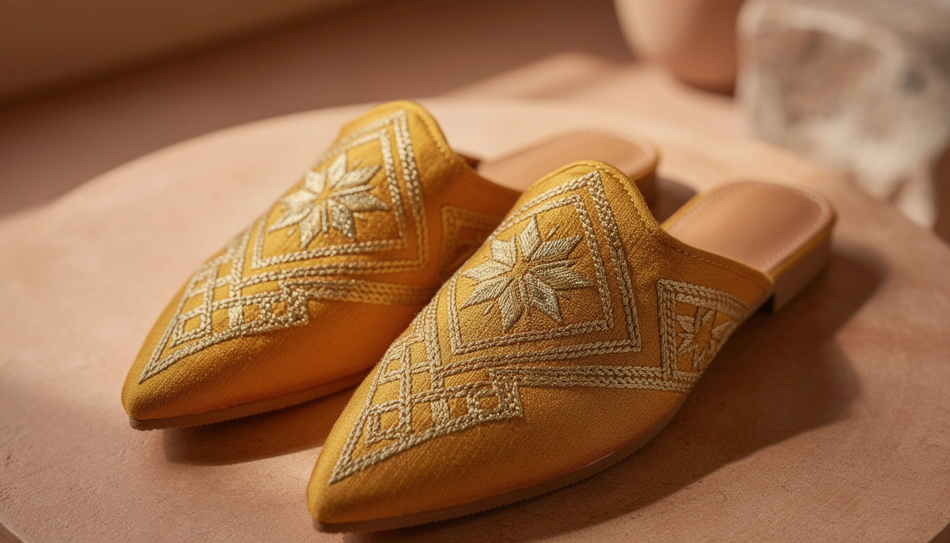 Détail de babouches brodées de Fès en cuir jaune safran avec motifs traditionnels