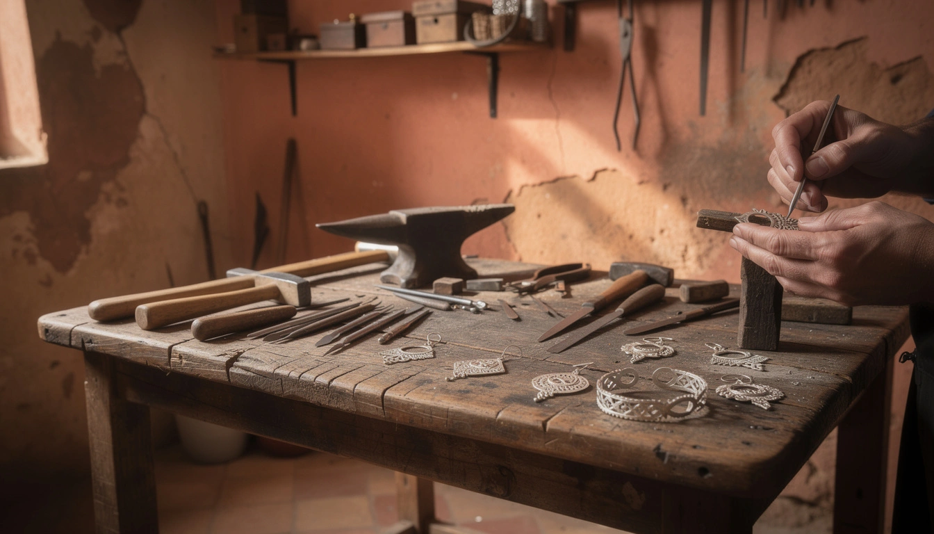Atelier d'orfèvre traditionnel à Tiznit - établi avec outils ancestraux et mains d'artisan travaillant une pièce d'argent
