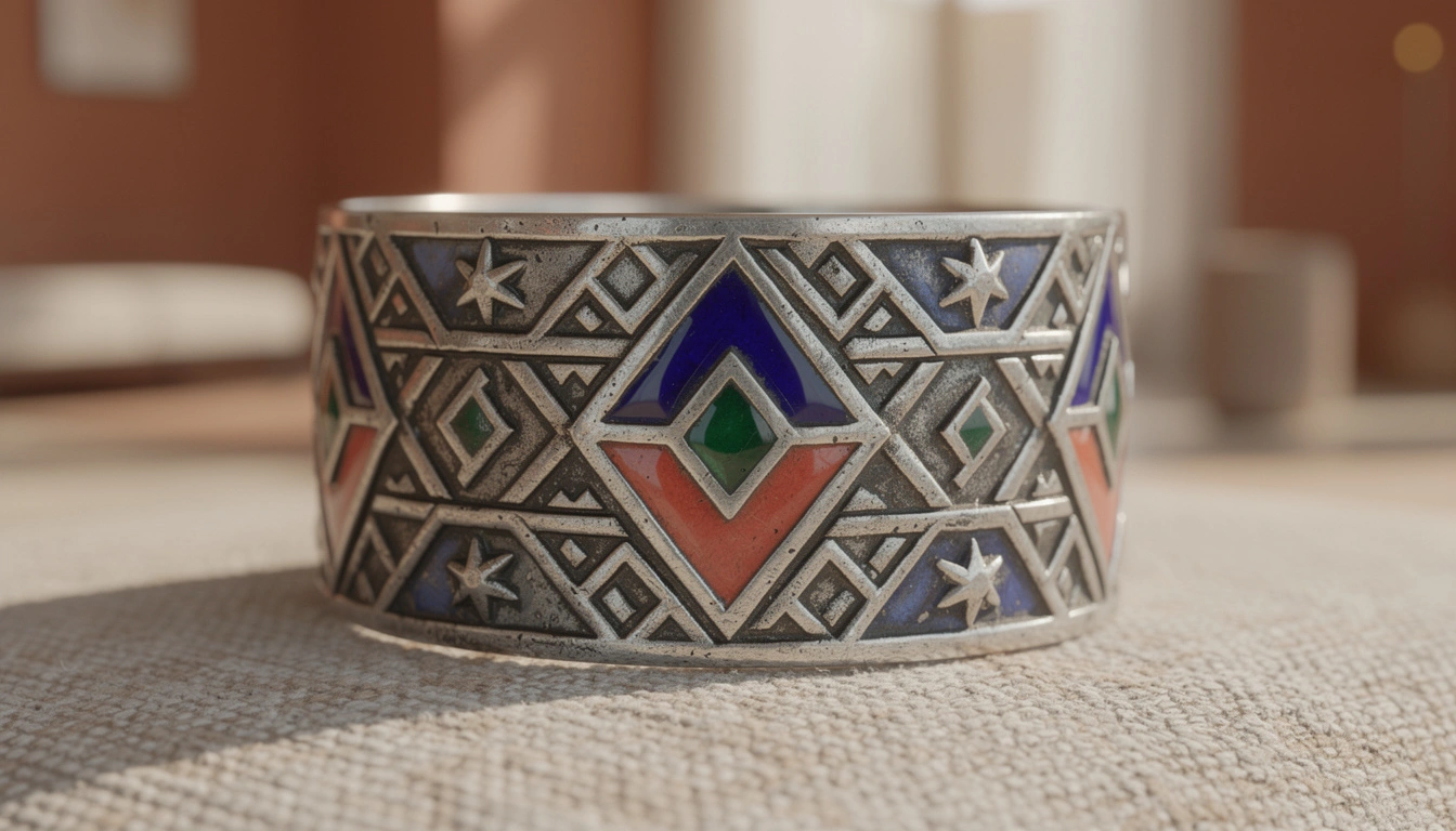 Bracelet berbère en argent avec motifs géométriques traditionnels - triangles, losanges et étoiles gravés avec émaux bleu cobalt, vert émeraude et rouge corail
