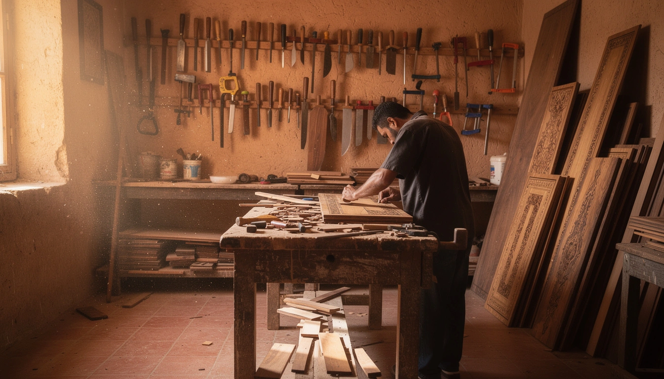 Atelier de marqueterie traditionnel à Essaouira avec artisan au travail entouré d'outils authentiques et piles de planches de thuya