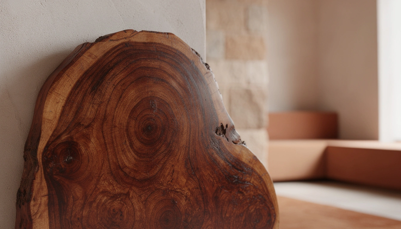 Gros plan macro d'une section de loupe de thuya polie révélant ses motifs tourbillonnants naturels et sa palette brun-rouge