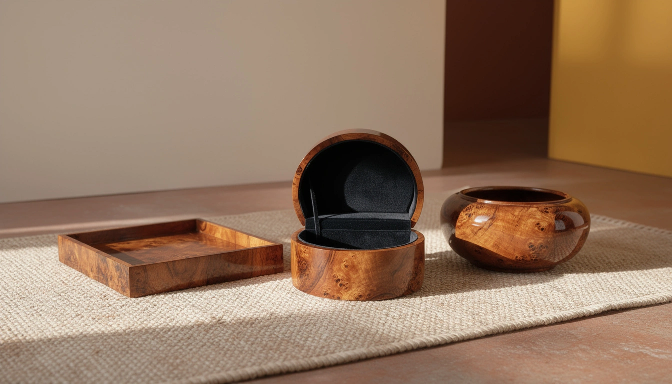 Composition élégante d'objets artisanaux en bois de thuya incluant boîte à bijoux ouverte, plateau et vide-poches