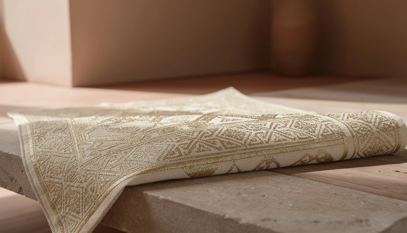 Close-up view of finished Fez brocade fabric with intricate geometric patterns