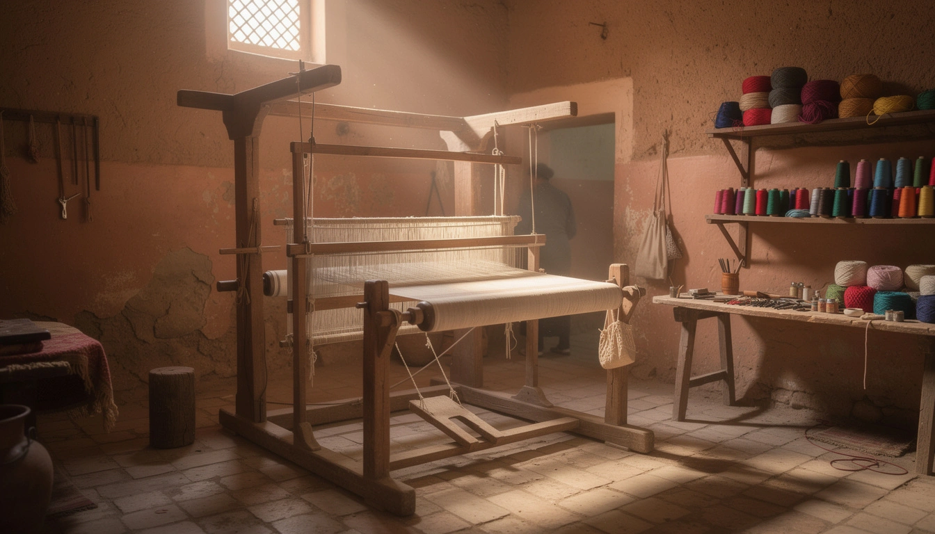 Traditional weaving workshop in Fez medina with wooden loom