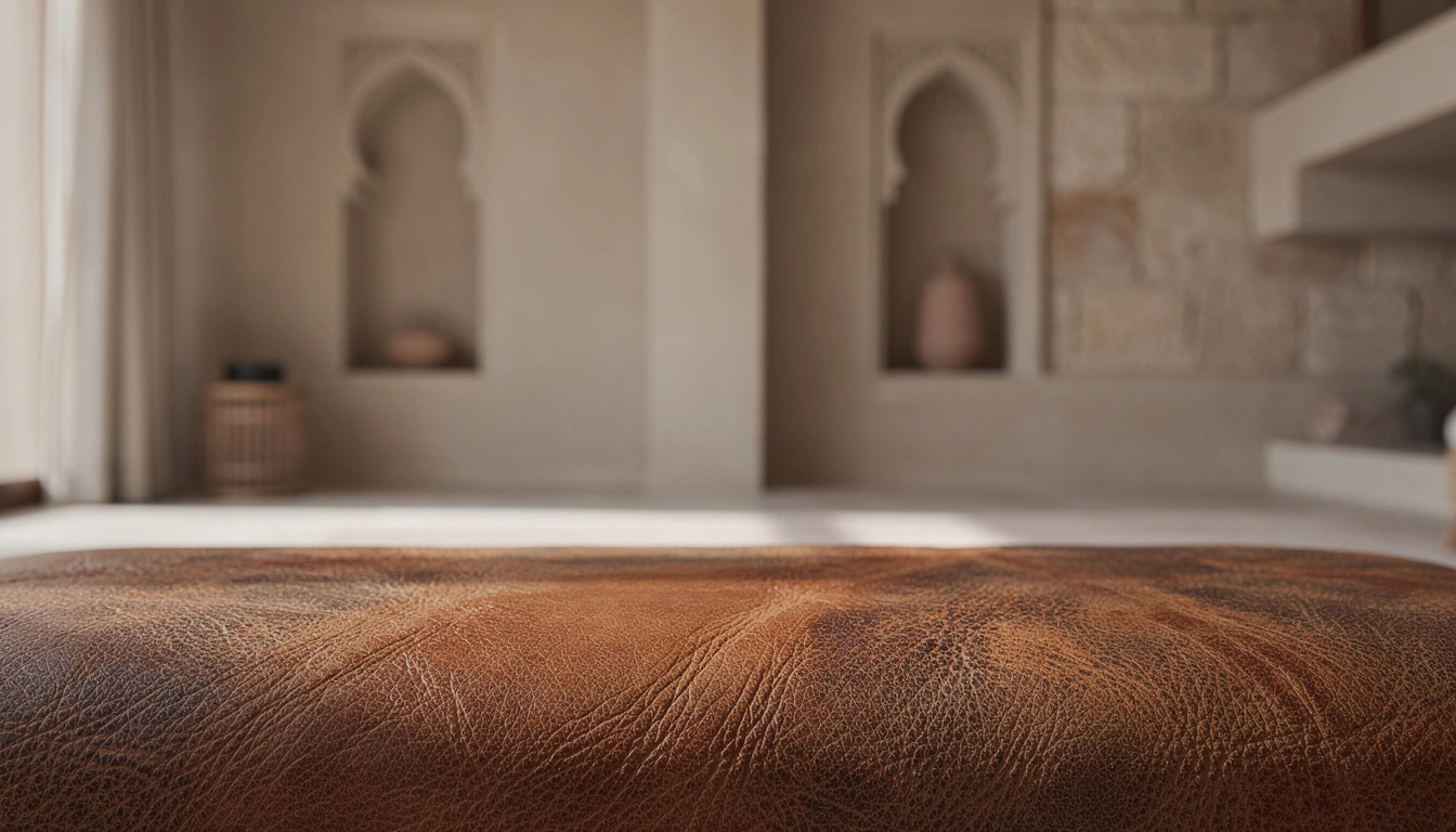 Gros plan sur une texture de cuir pleine fleur naturel avec grain visible et relief vivant