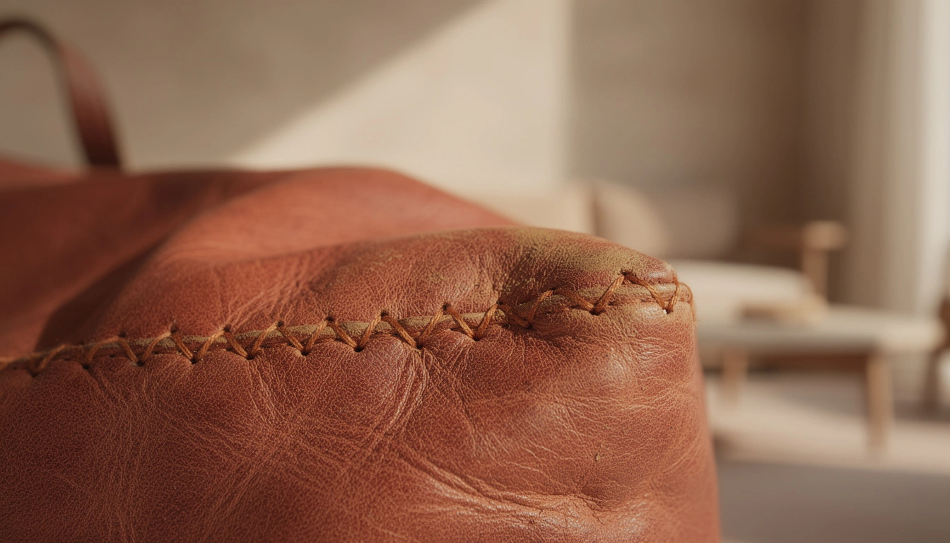 Détail d’une couture main régulière sur un sac en cuir marocain avec patine naturelle