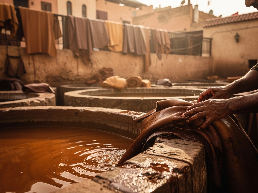 Tannerie de Fès avec bassins de teinture traditionnels, peaux séchant au soleil, artisanat marocain authentique