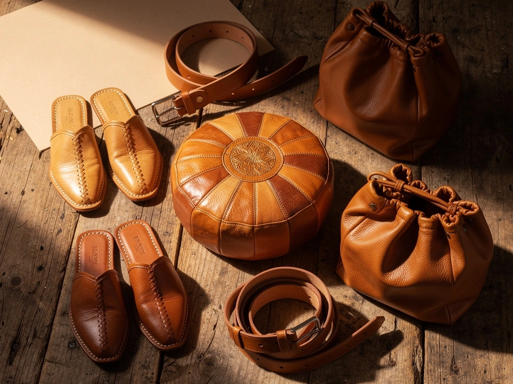 Produits en cuir artisanal marocain : babouches, poufs, sacs, ceintures, tons naturels tan et cognac