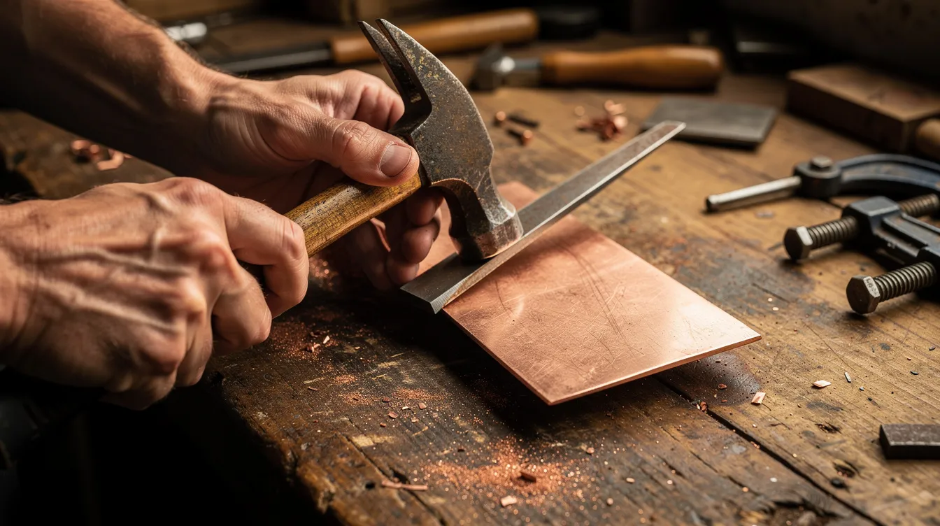 Mains artisan martelant cuivre dans atelier