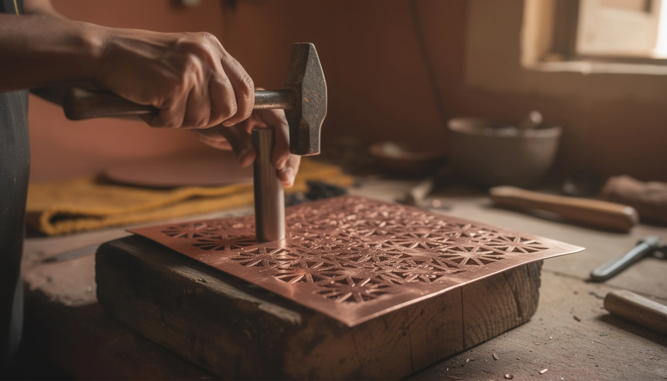Mains d artisan perforant une feuille de cuivre pour une lanterne marocaine