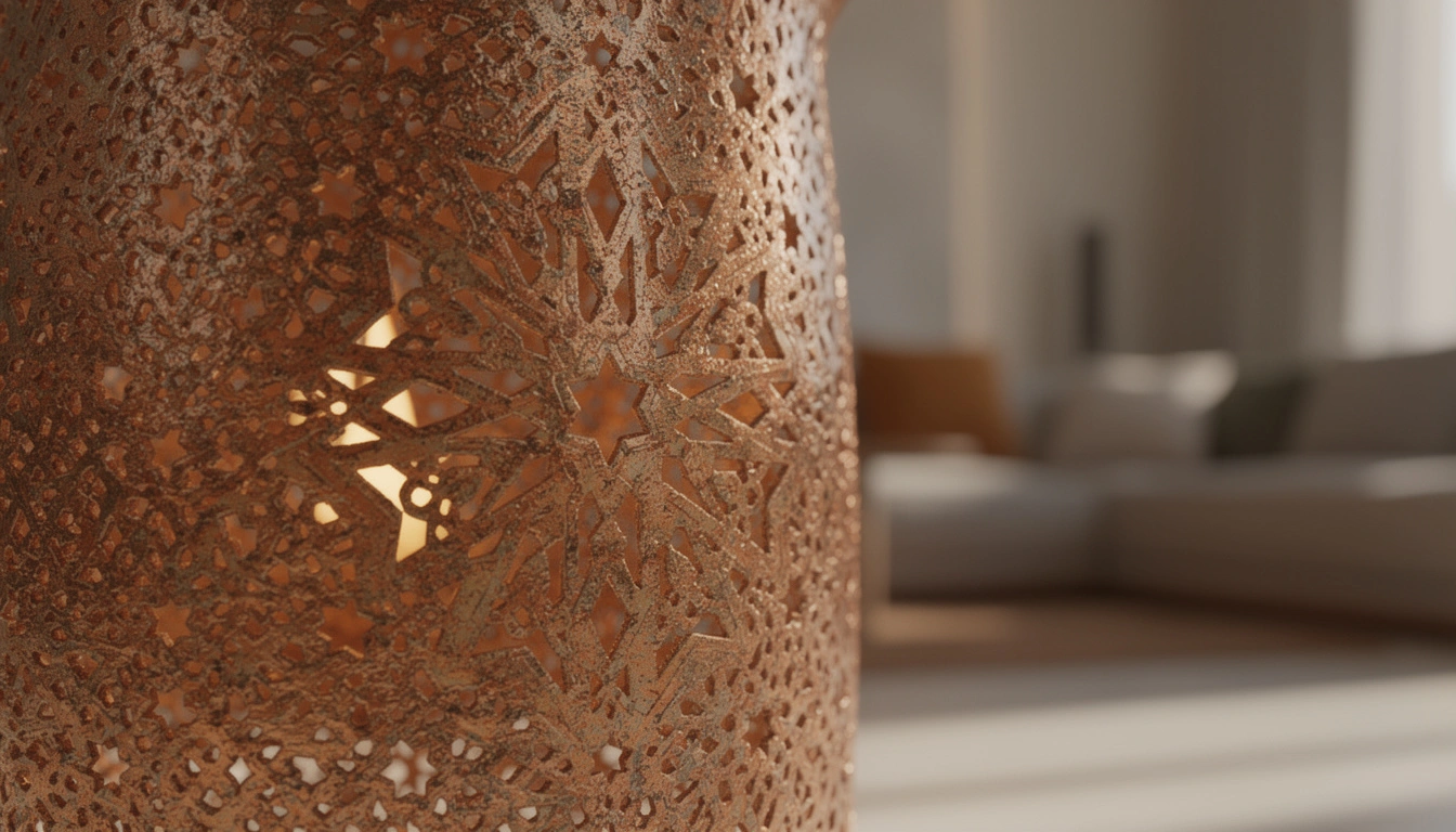 Détail d un motif géométrique perforé sur une lanterne marocaine avec lumière traversante
