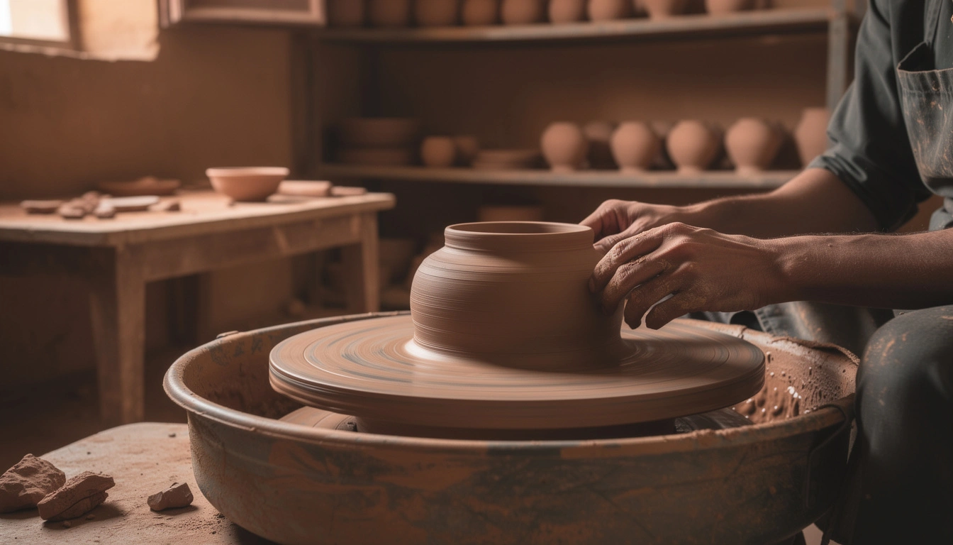 Mains artisan poterie marocaine sur tour traditionnel en atelier