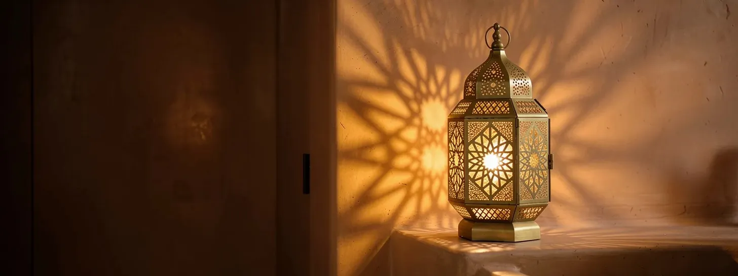 Lanterne marocaine en cuivre ciselé projetant des motifs géométriques dans un intérieur contemporain
