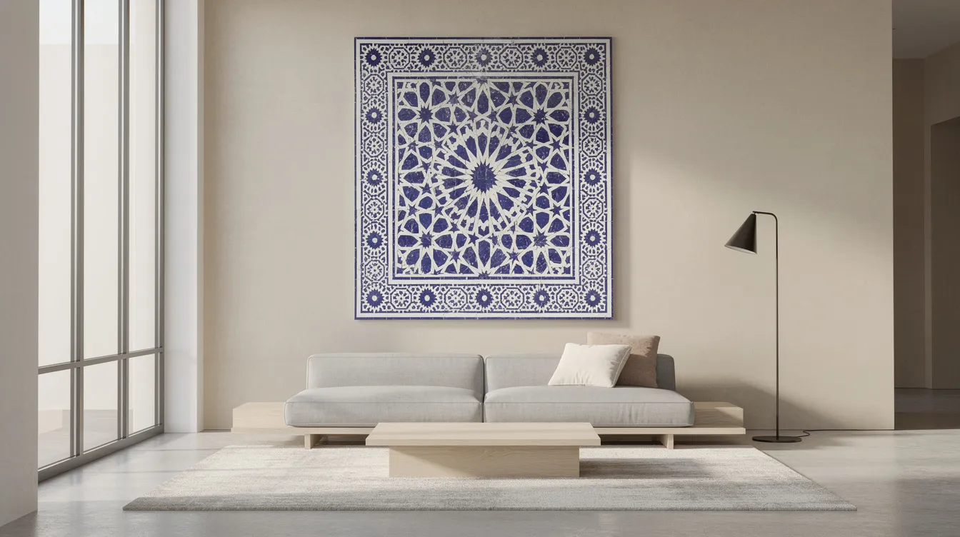 Panneau de zellige marocain aux motifs géométriques dans un intérieur contemporain