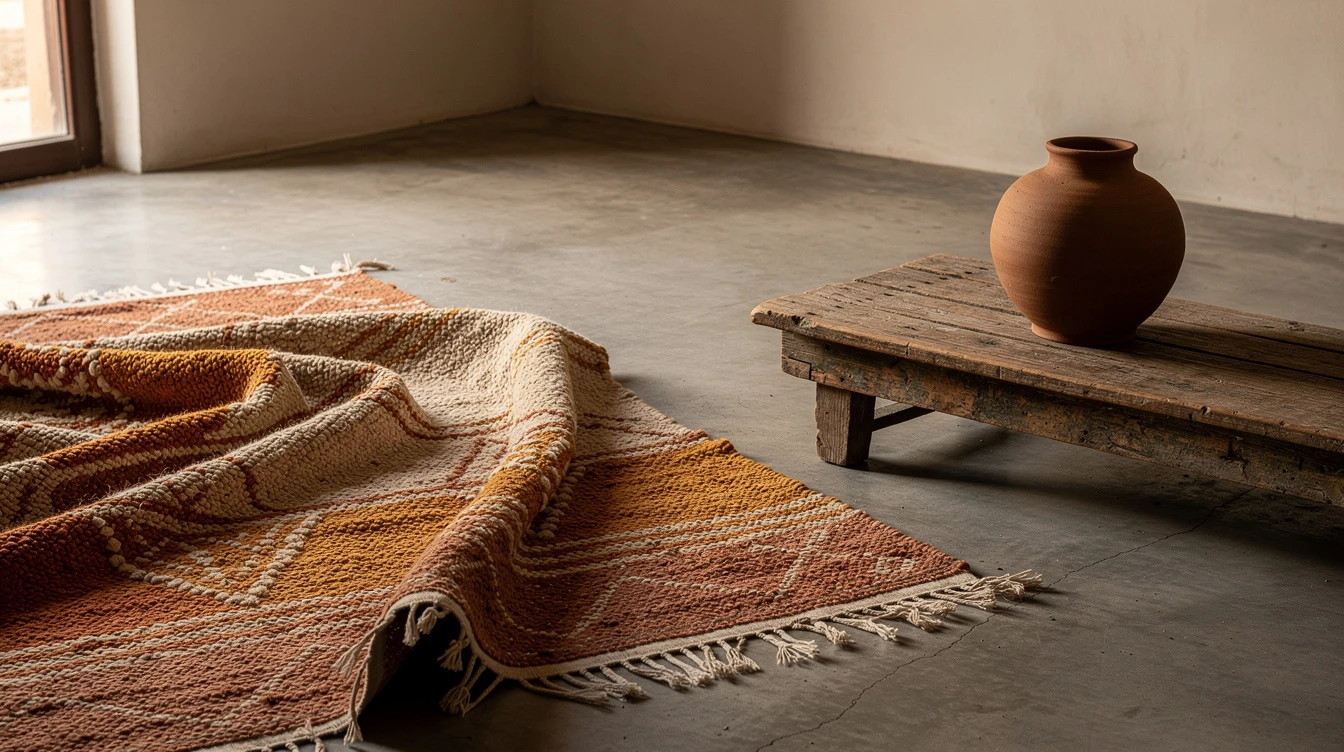 Tapis berbère et poterie dans un intérieur minimaliste