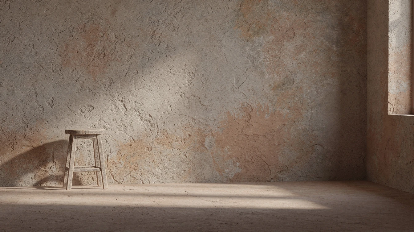 Intérieur d'atelier artisan vide, mur de terre, tabouret en bois, lumière naturelle
