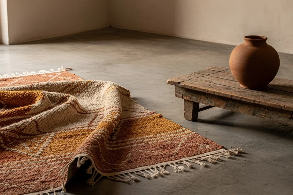 Tapis berbère et poterie dans un intérieur minimaliste