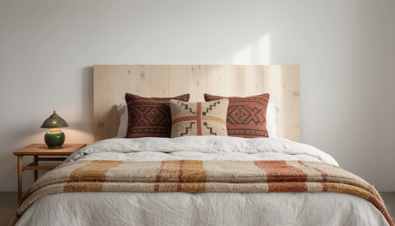 Chambre bohème marocaine avec linge en lin naturel, plaid berbère et coussins kilim artisanaux