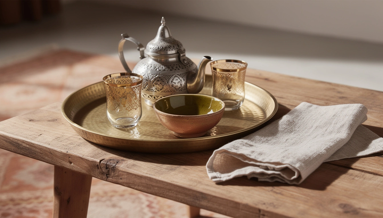 Plateau en laiton martelé et dinanderie artisanale marocaine pour décoration bohème