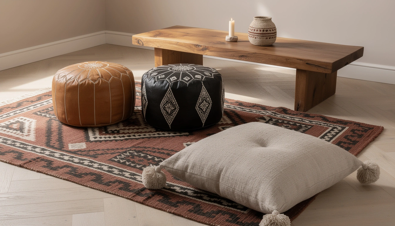 Poufs marocains en cuir artisanal et tapis kilim pour décoration bohème authentique