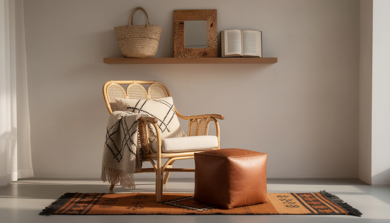 Coin lecture bohème avec fauteuil en rotin, plaid berbère et pouf en cuir artisanal