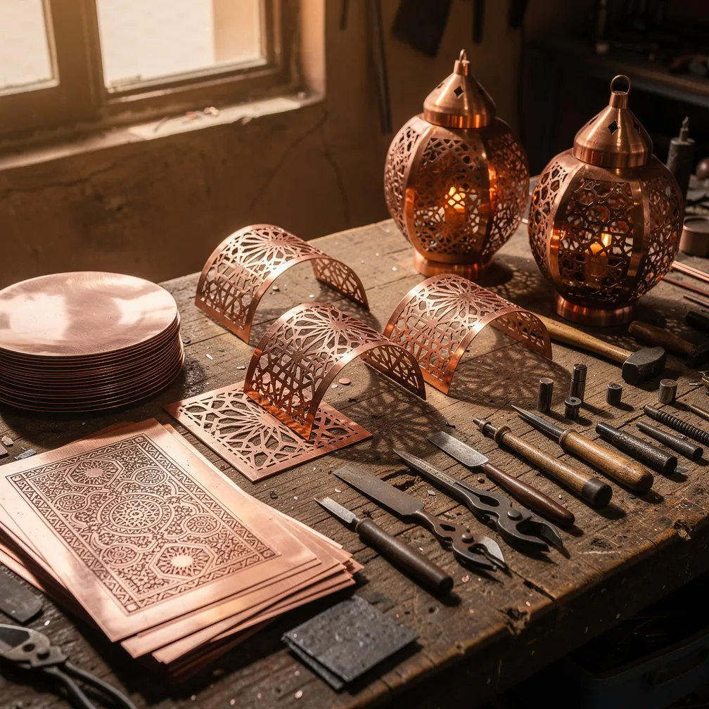 Vue d'ensemble d'un établi d'atelier avec plusieurs lanternes en cours de fabrication