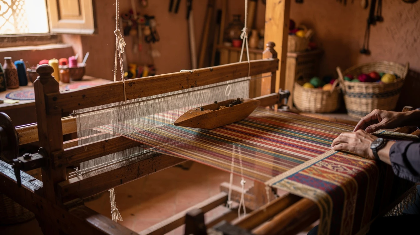 Métier à tisser traditionnel avec sabra en cours de tissage