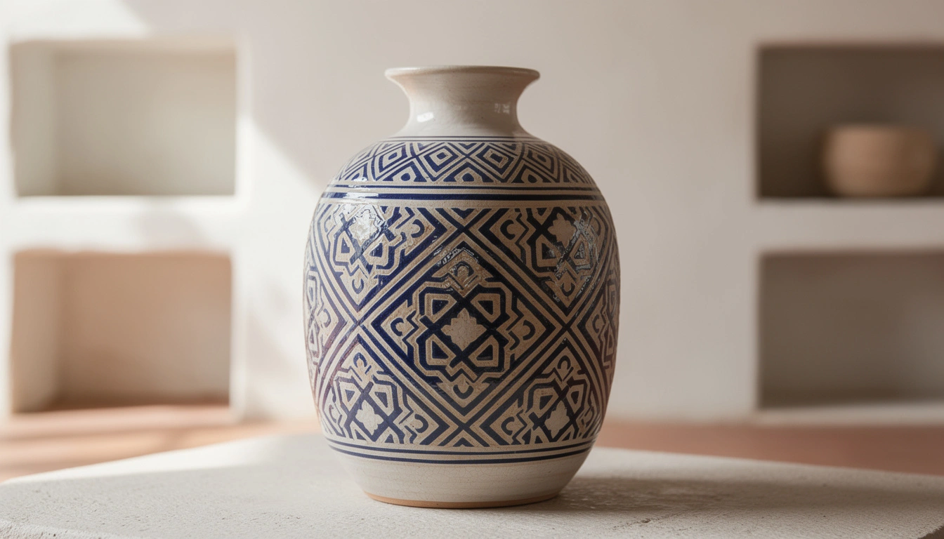 Gros plan sur motifs géométriques bleu cobalt d'un vase en poterie de Safi