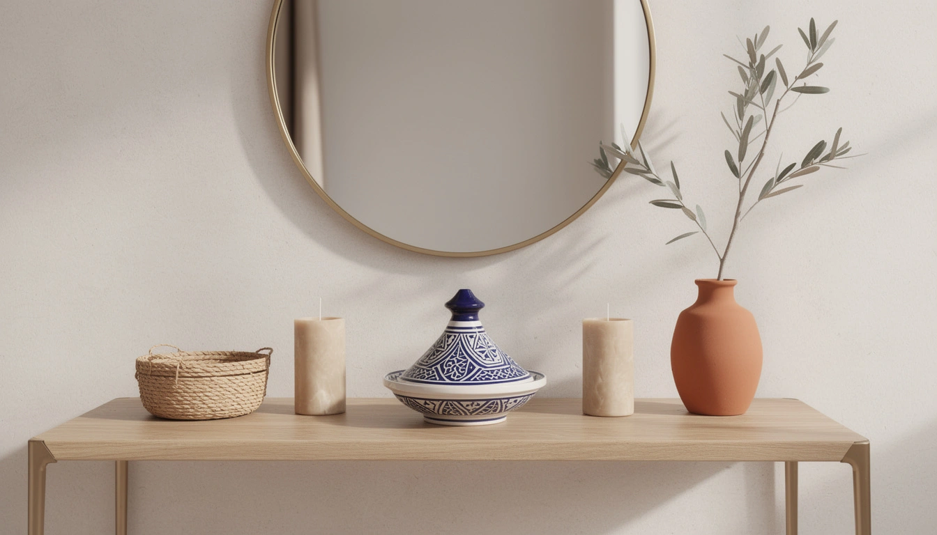 Tajine décoratif de Safi sur console en bois clair dans une mise en scène Néo-Beldi