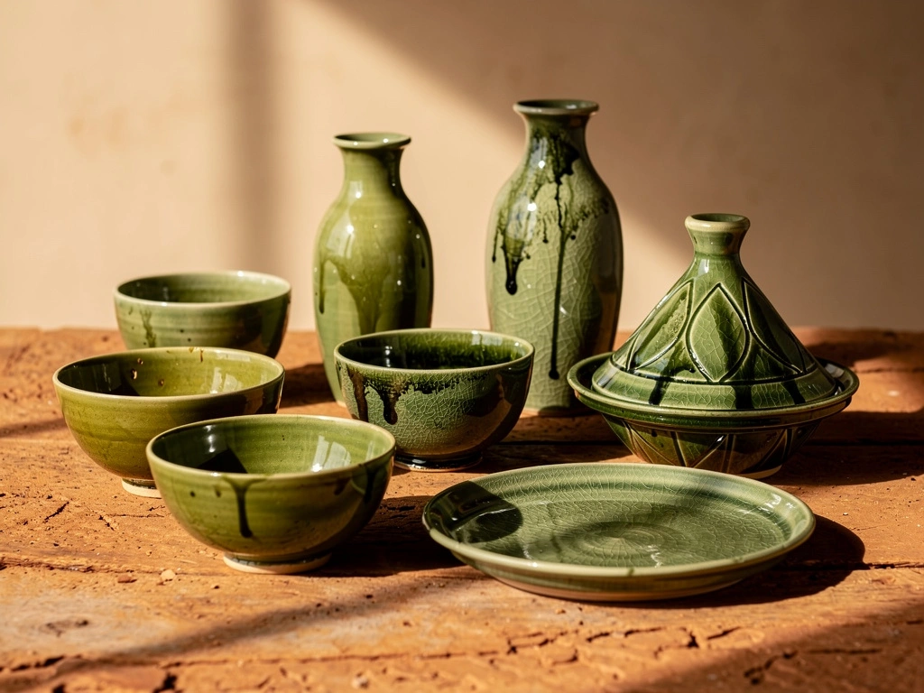 Variété de formes de poteries vertes de Tamegroute : bols, vases, tajines et plats disposés sur surface en bois brut