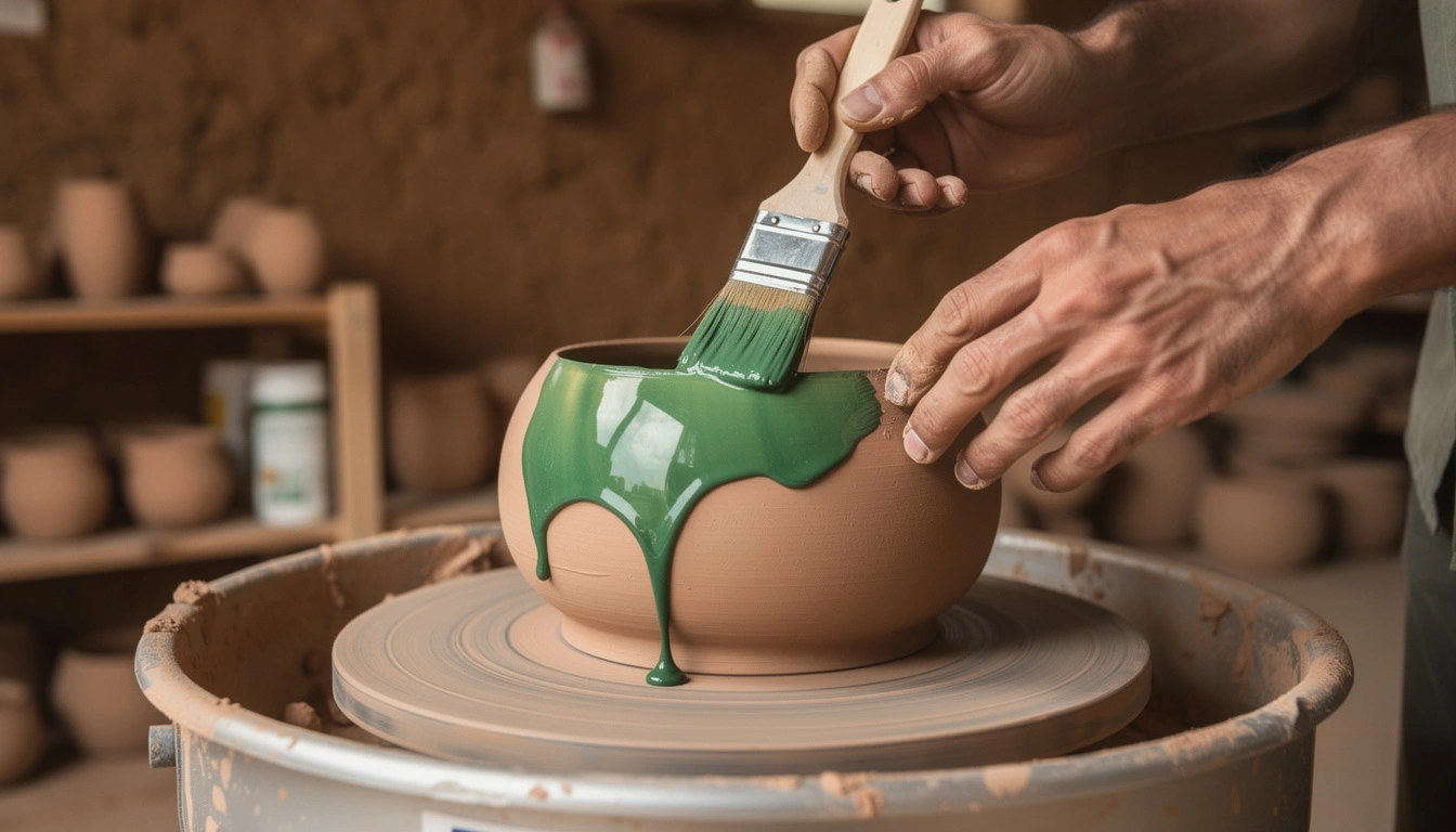 Trois poteries vertes de Tamegroute sur fond beige : vase haut, bol moyen et petit bol avec craquelures naturelles caractéristiques