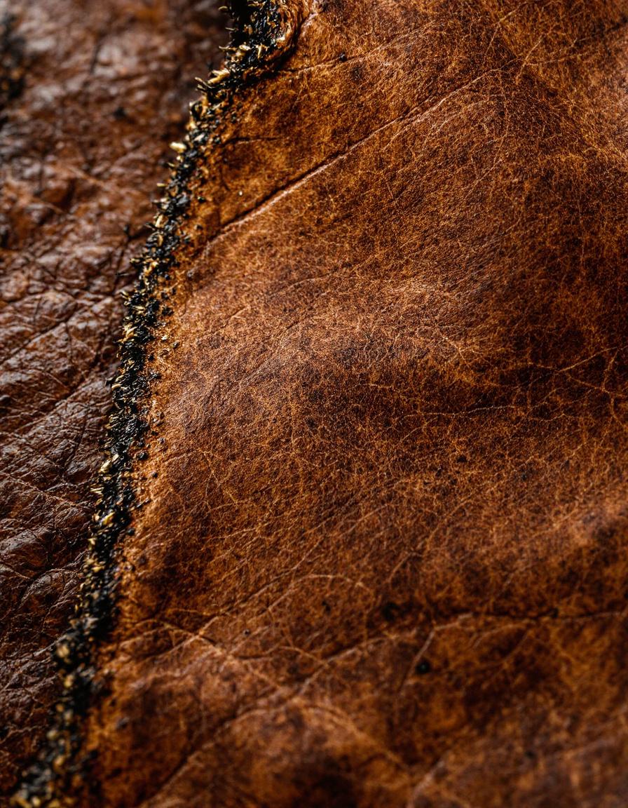 Gros plan texture cuir naturellement patiné, grain visible