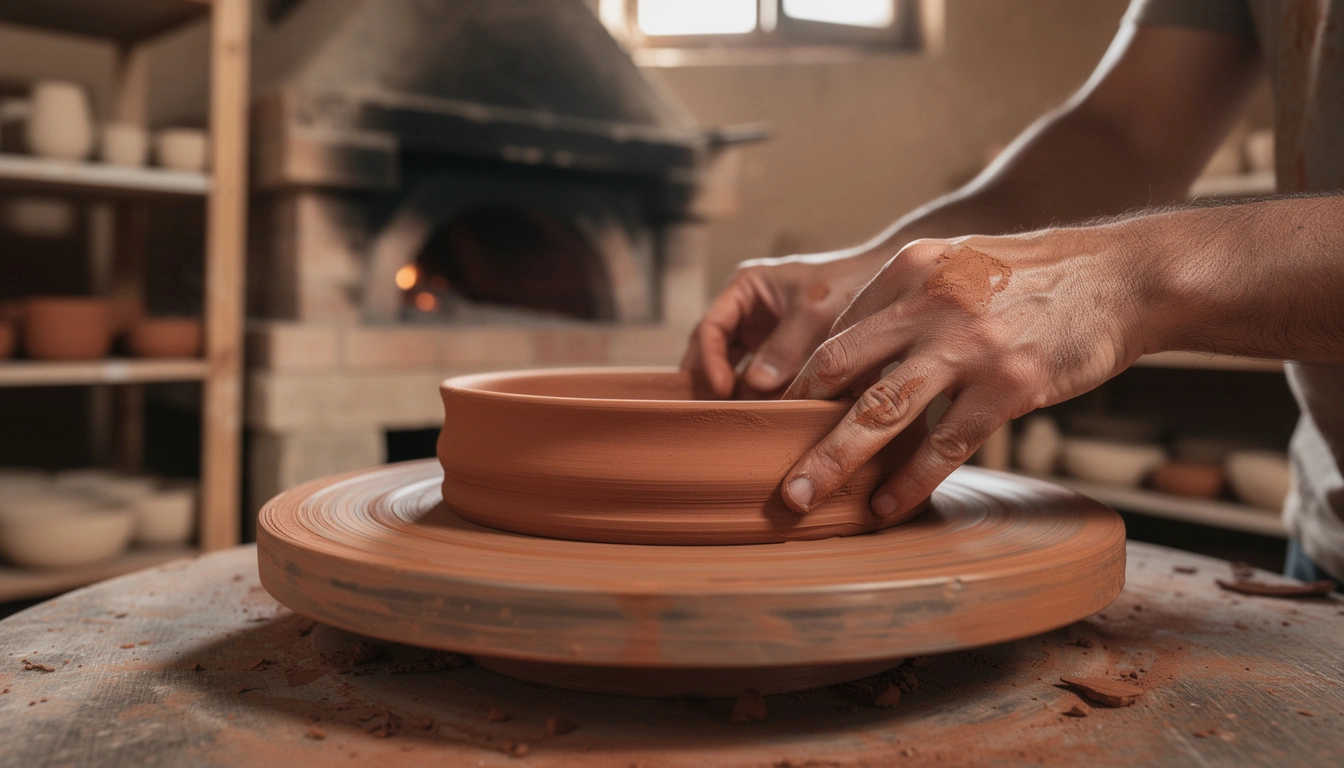 Mains d'artisan potier façonnant un tajine sur tour traditionnel à Safi