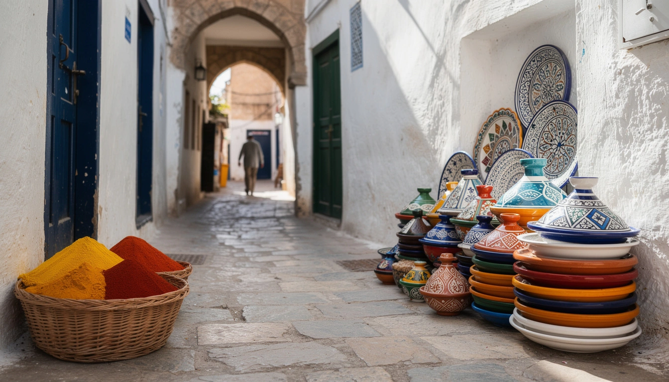 Ruelle colorée de la médina de Safi avec étal de céramiques artisanales