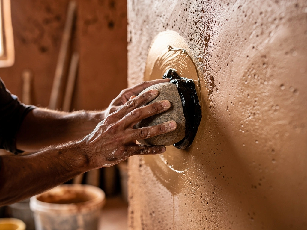 Mains d'un artisan polissant un tadelakt avec un galet, savon noir visible sur la chaux en finition.