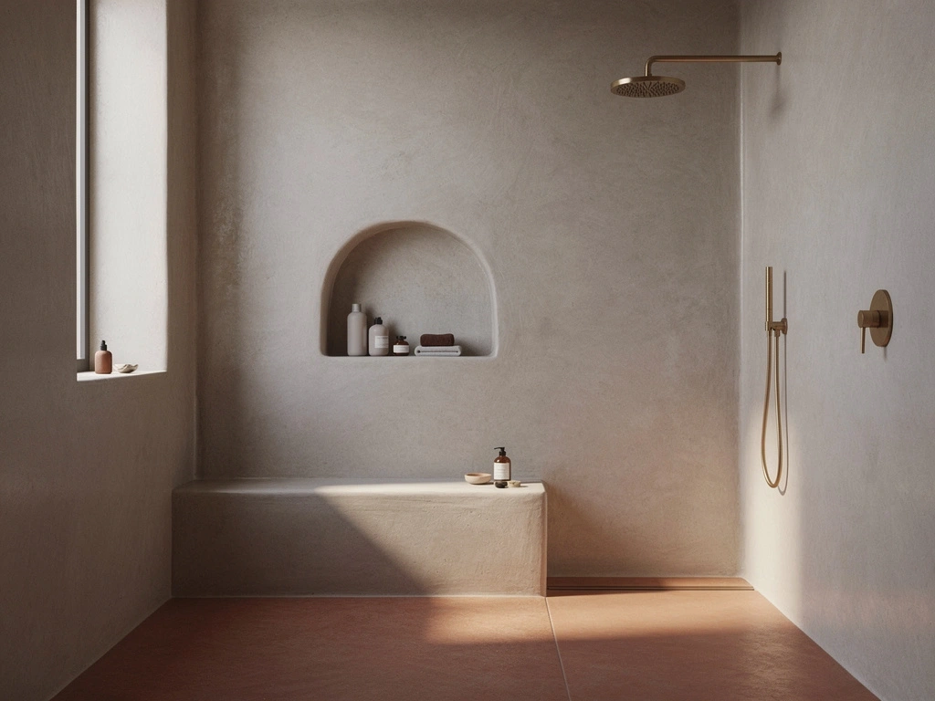 Salle de bain contemporaine avec murs en tadelakt beige-gris, lignes sobres et lumière naturelle.