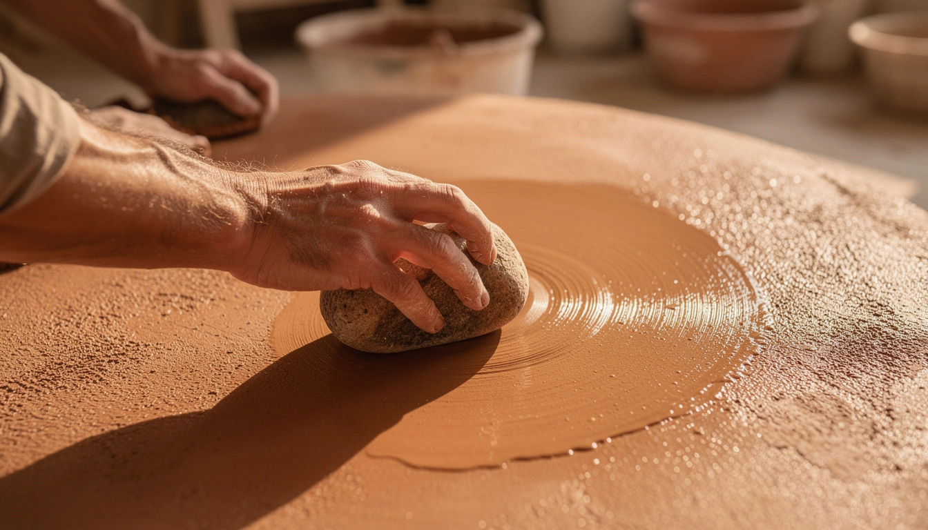 Mains d'artisan polissant une surface en tadelakt avec un galet lisse